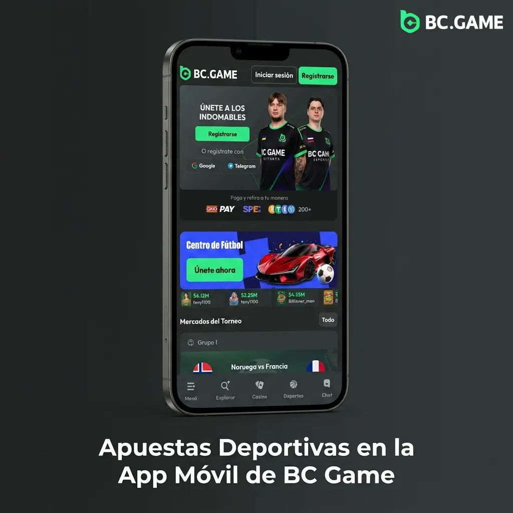 Interfaz de apuestas deportivas en la app móvil de BC Game con cuotas en vivo y notificaciones push