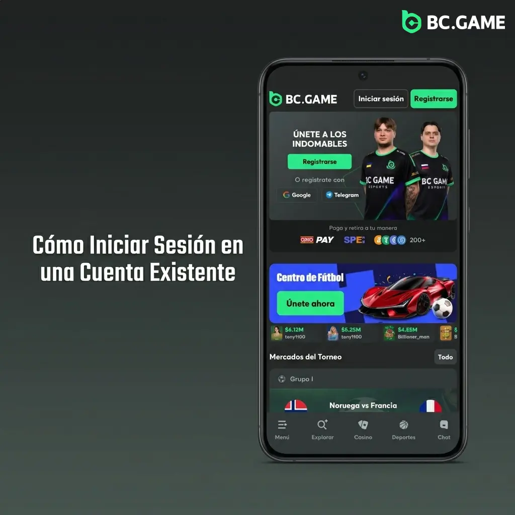 Pantalla de inicio de sesión en la app de BC Game con campos para correo electrónico y contraseña