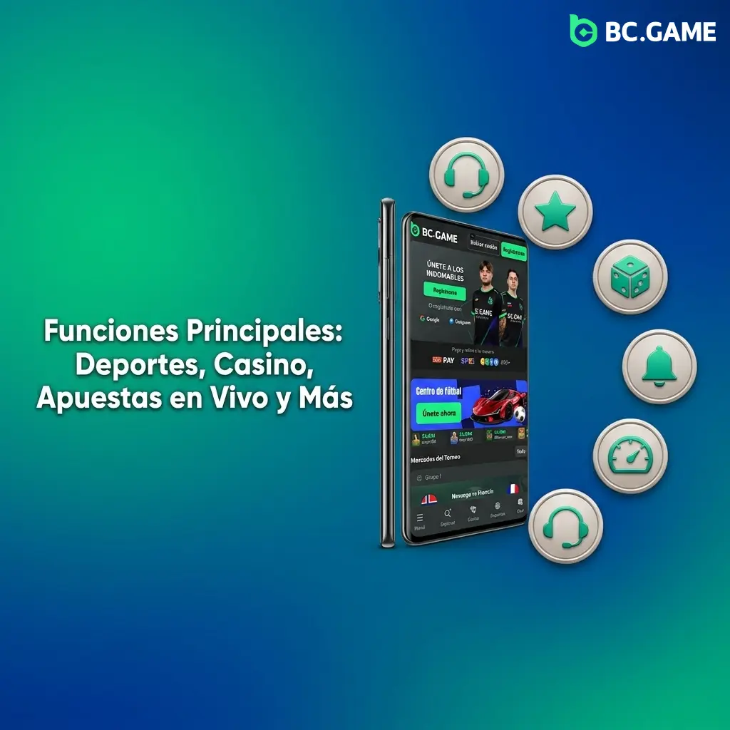 Pantalla de la app BC Game mostrando deportes, casino, apuestas en vivo y tragamonedas en interfaz móvil