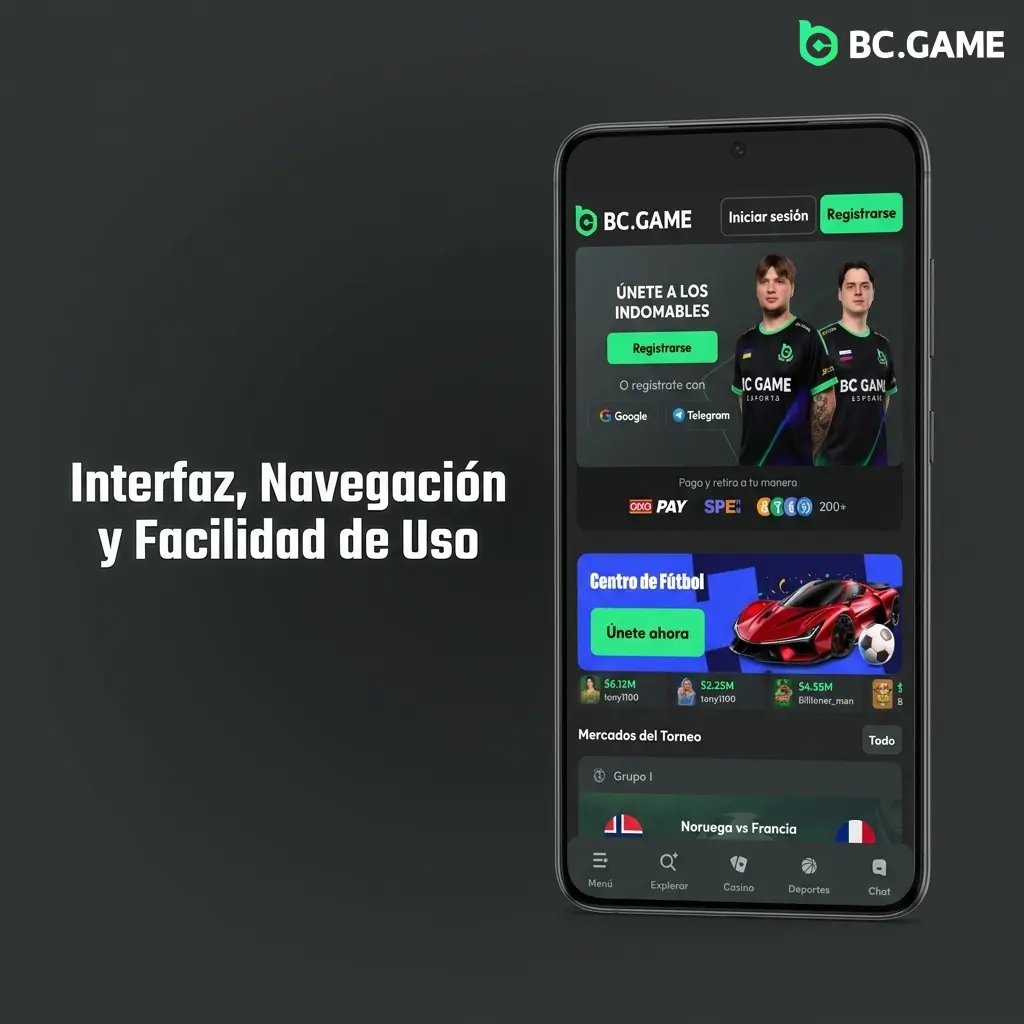 Interfaz de la app BC Game con menú de Deportes, Casino y Promociones, diseñada para navegación fácil con una mano.
