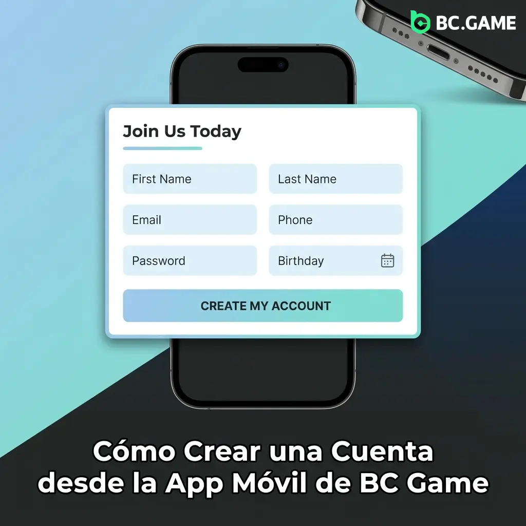 Pantalla de registro en la app móvil de BC Game con campos de correo, contraseña y moneda preferida