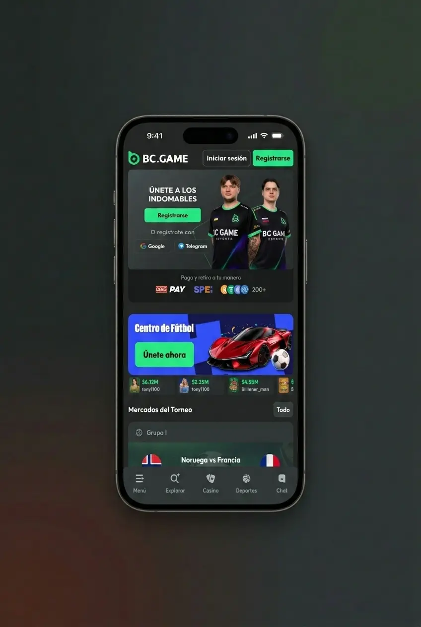 Pantalla de inicio de sesión en la app BC Game con campo de credenciales guardadas para acceso rápido