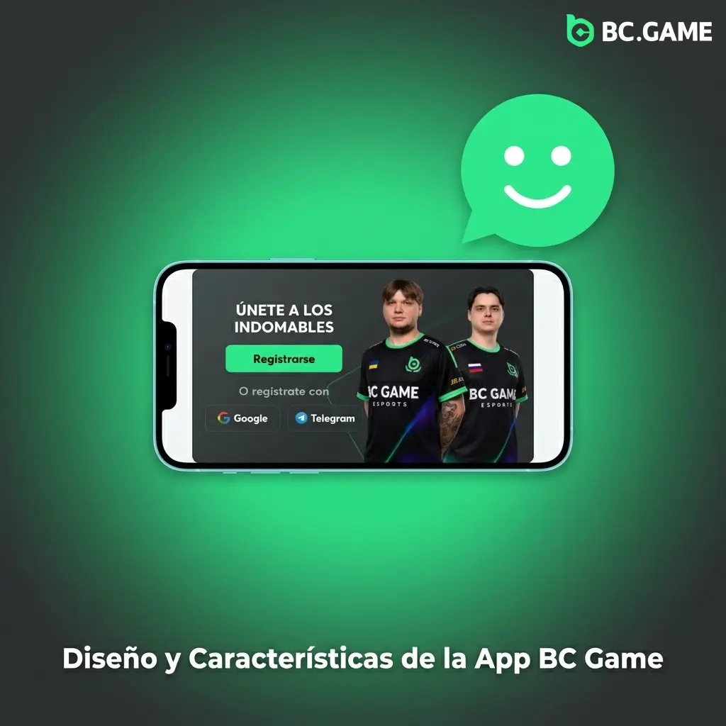 Diseño y características de la app BC Game: interfaz oscura con acentos verde neón, menú intuitivo y rendimiento optimizado