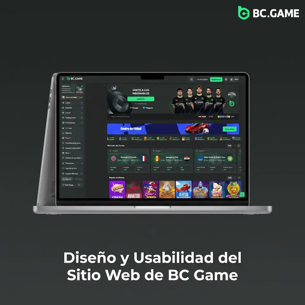 Interfaz oscura de BC Game con menú de Casino, Sports, Live y Promociones, diseño intuitivo con acentos verde neón