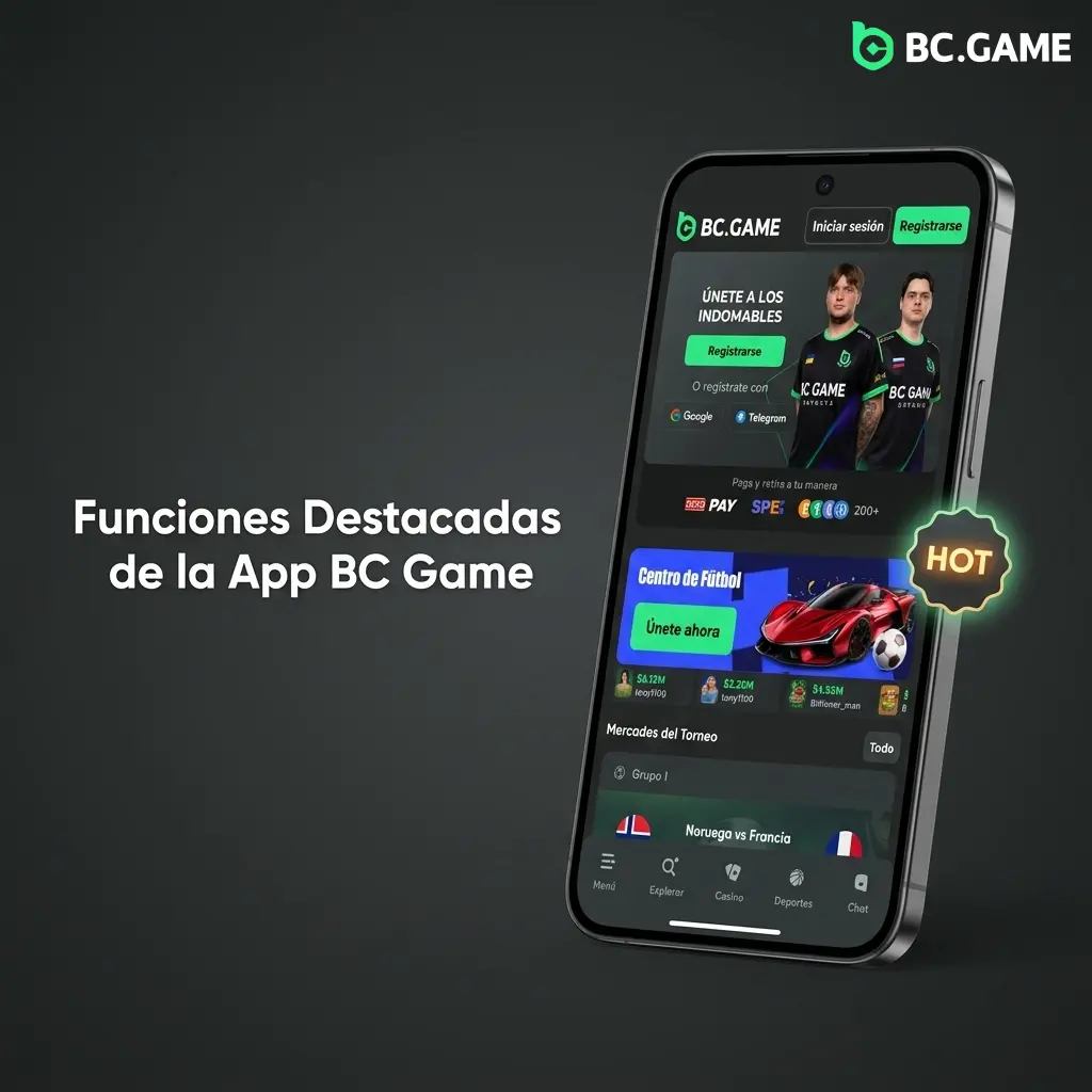 Interfaz de la app BC Game con casino, apuestas deportivas, criptomonedas y sistema VIP optimizada para móvil