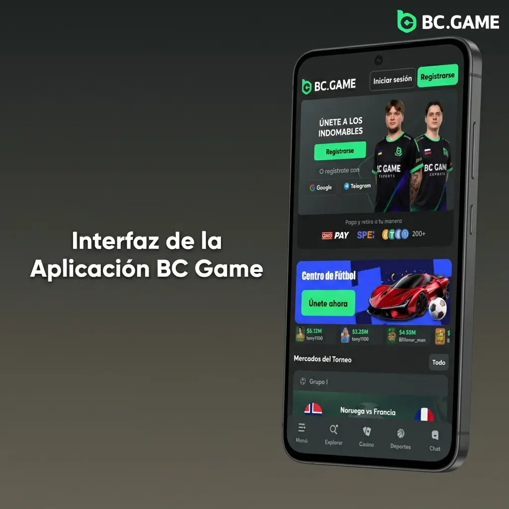 Interfaz de BC Game con menú táctil inferior, modo oscuro y secciones de casino, deportes y criptomonedas