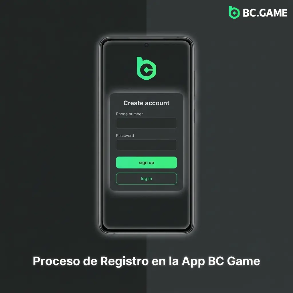 Pantalla de registro en la app BC Game con pasos para crear cuenta en Android o iOS en menos de 3 minutos