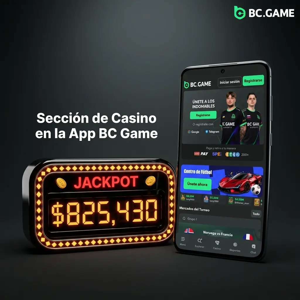 Sección de Casino en la app BC Game con más de 10,000 títulos en tragamonedas, crash, casino en vivo y más